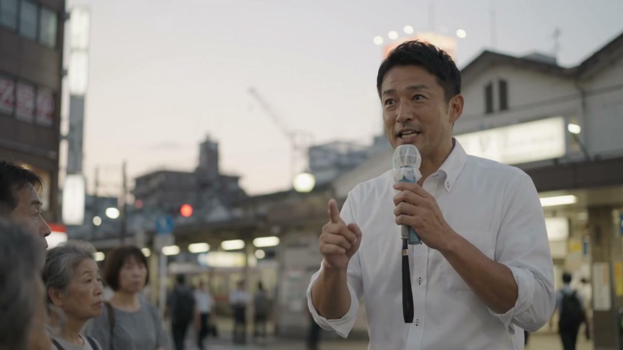 駅前で集まった人たちに話しかける男性